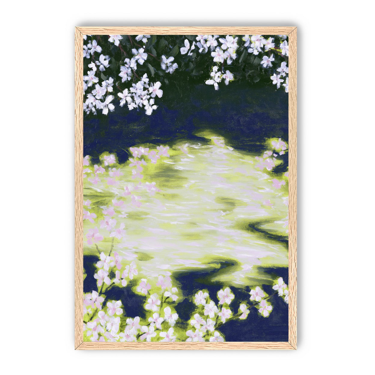 Petals crossing the bright water