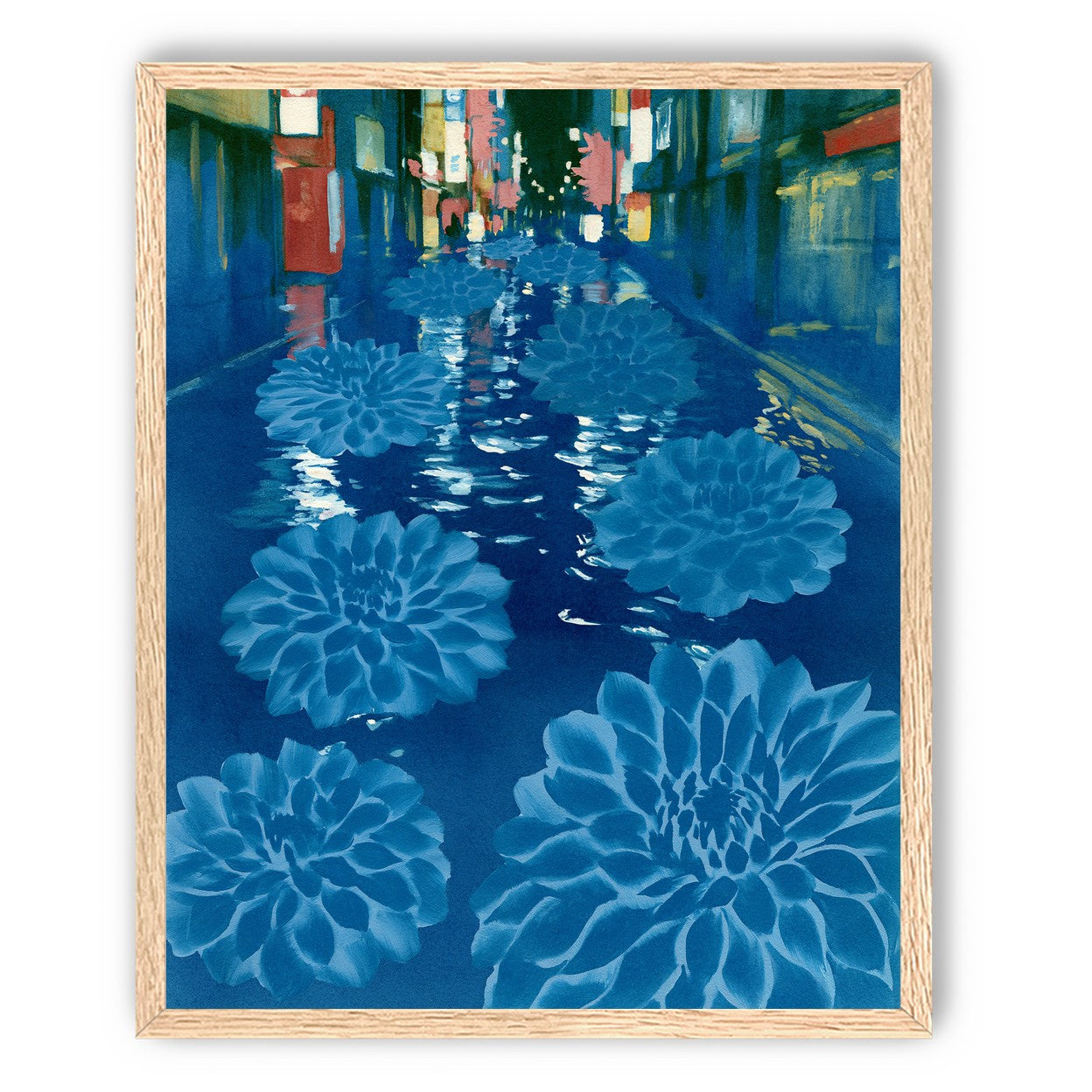 Neon spills into blue floodwater