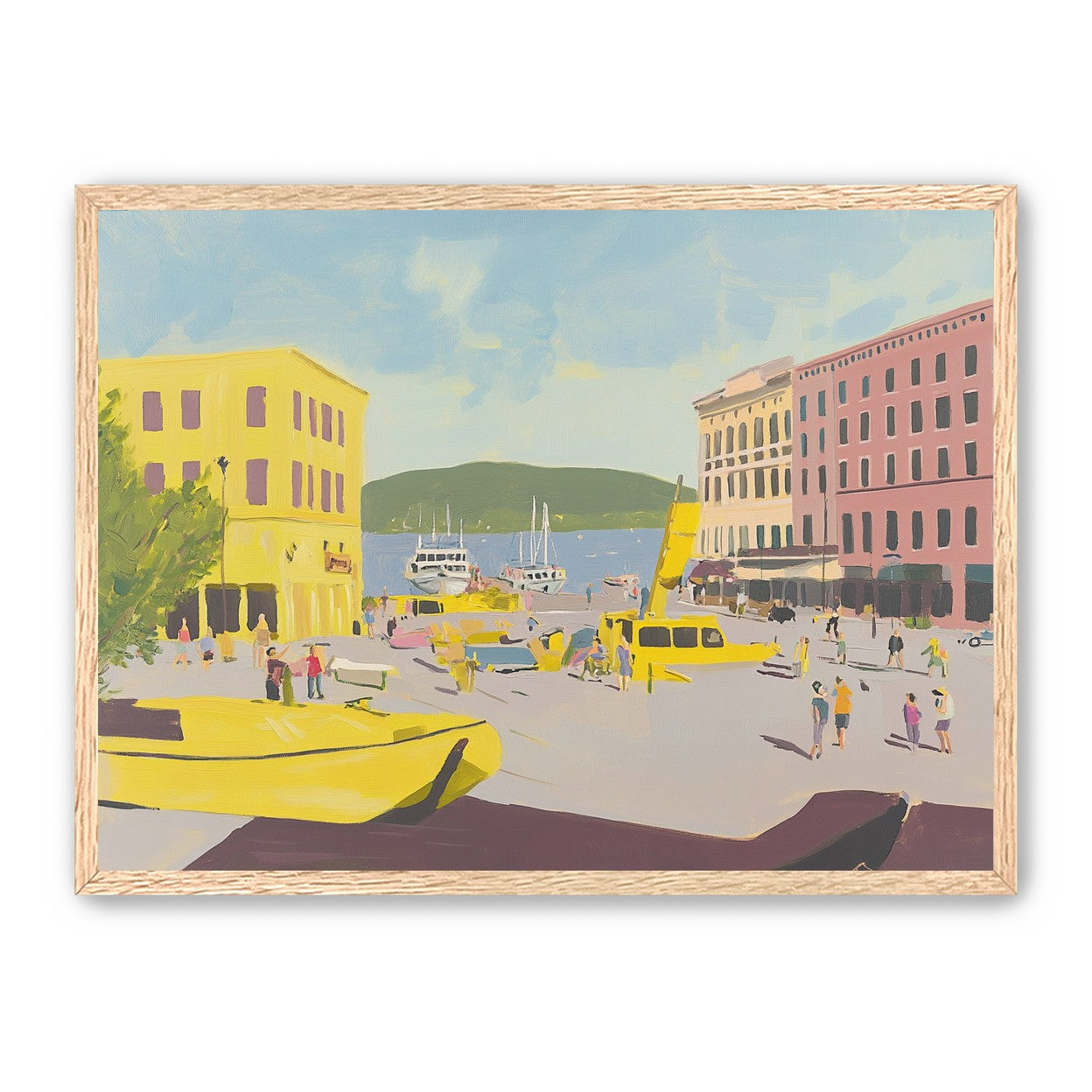 Yellow boats among pastel buildings