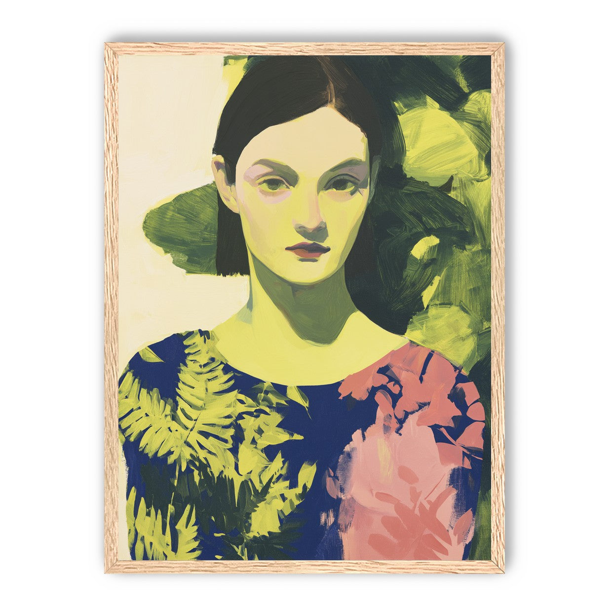 Green leaves behind her portrait