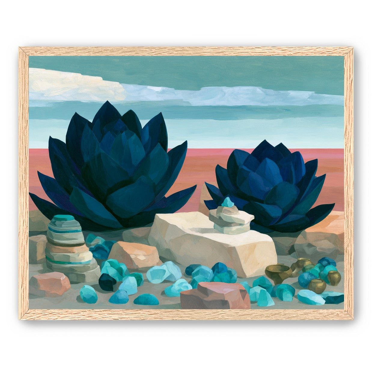 Deep blue blooms on coral ground