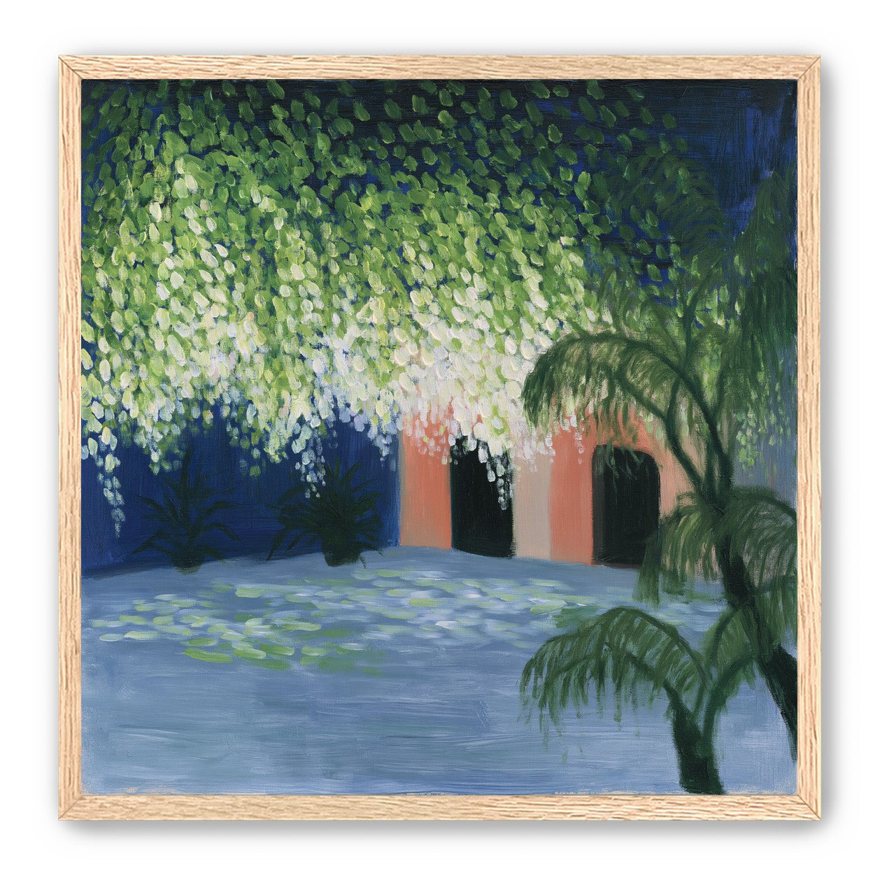 Doorway under falling blossoms