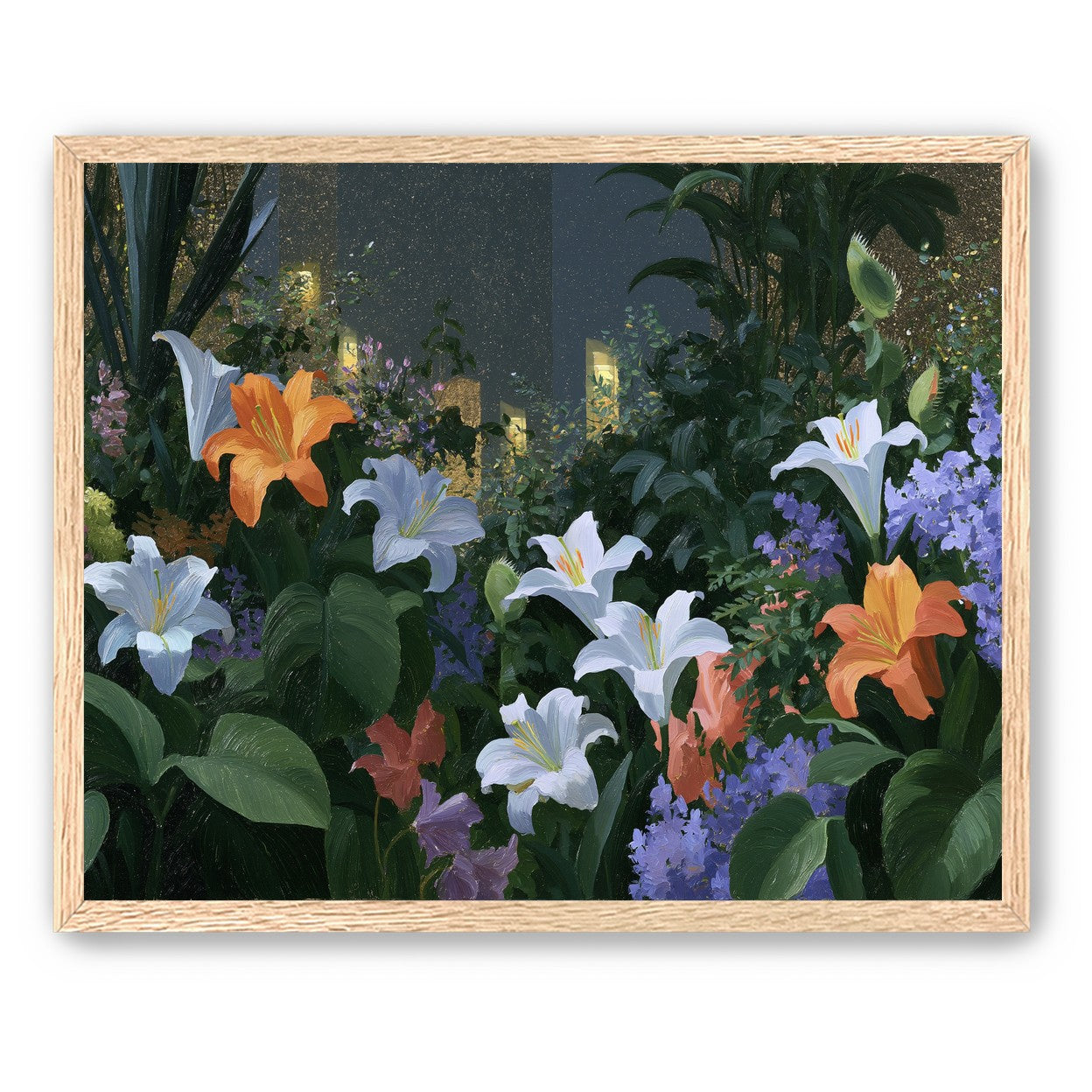 Lit windows beyond the lilies