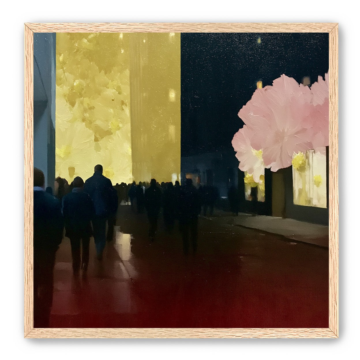 Crowd beneath the glowing wall