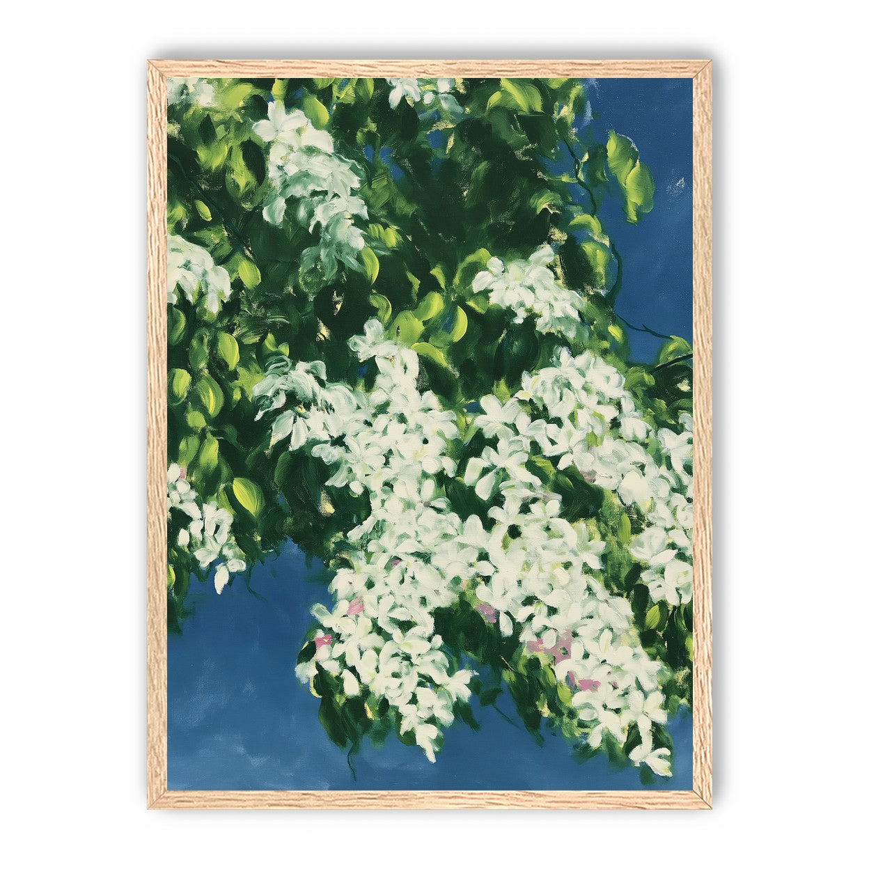 White blossoms on blue field