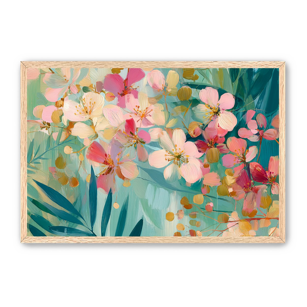 Blossoms over teal leaves