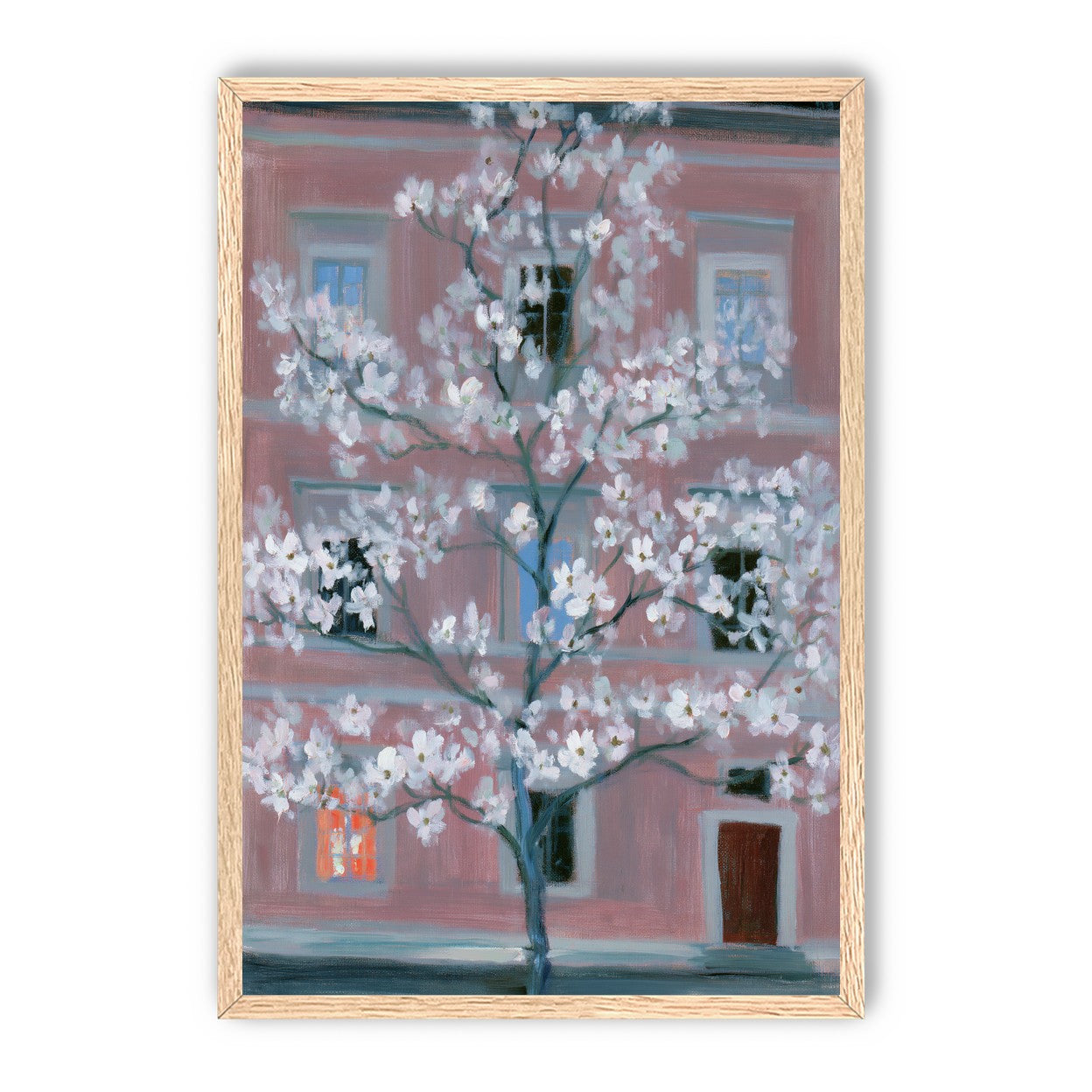 White blossoms against the pink house