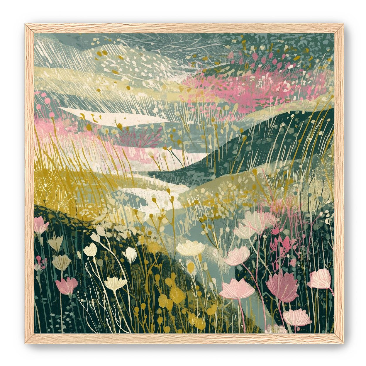 Wildflowers across layered hills