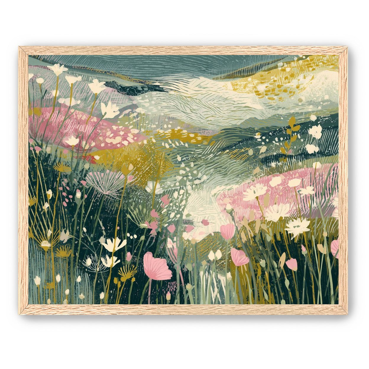 Teal sky over pink meadow