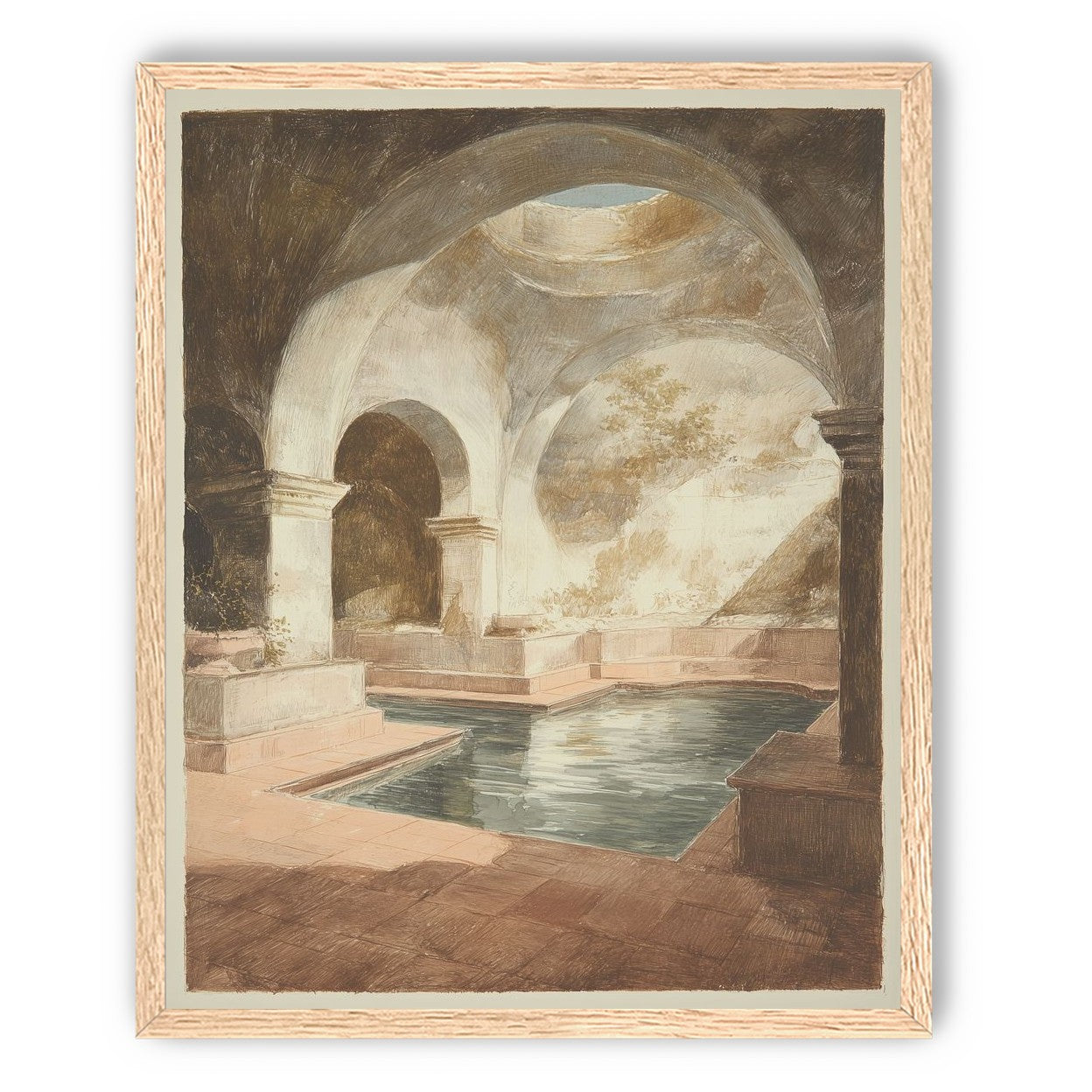 Courtyard pool beneath pale arches