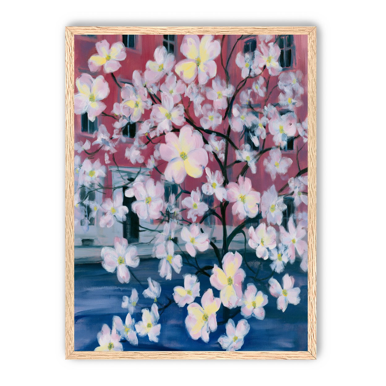Blossoms across red windows