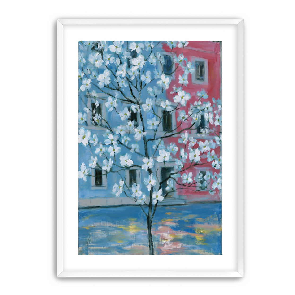 White blossoms across blue and pink