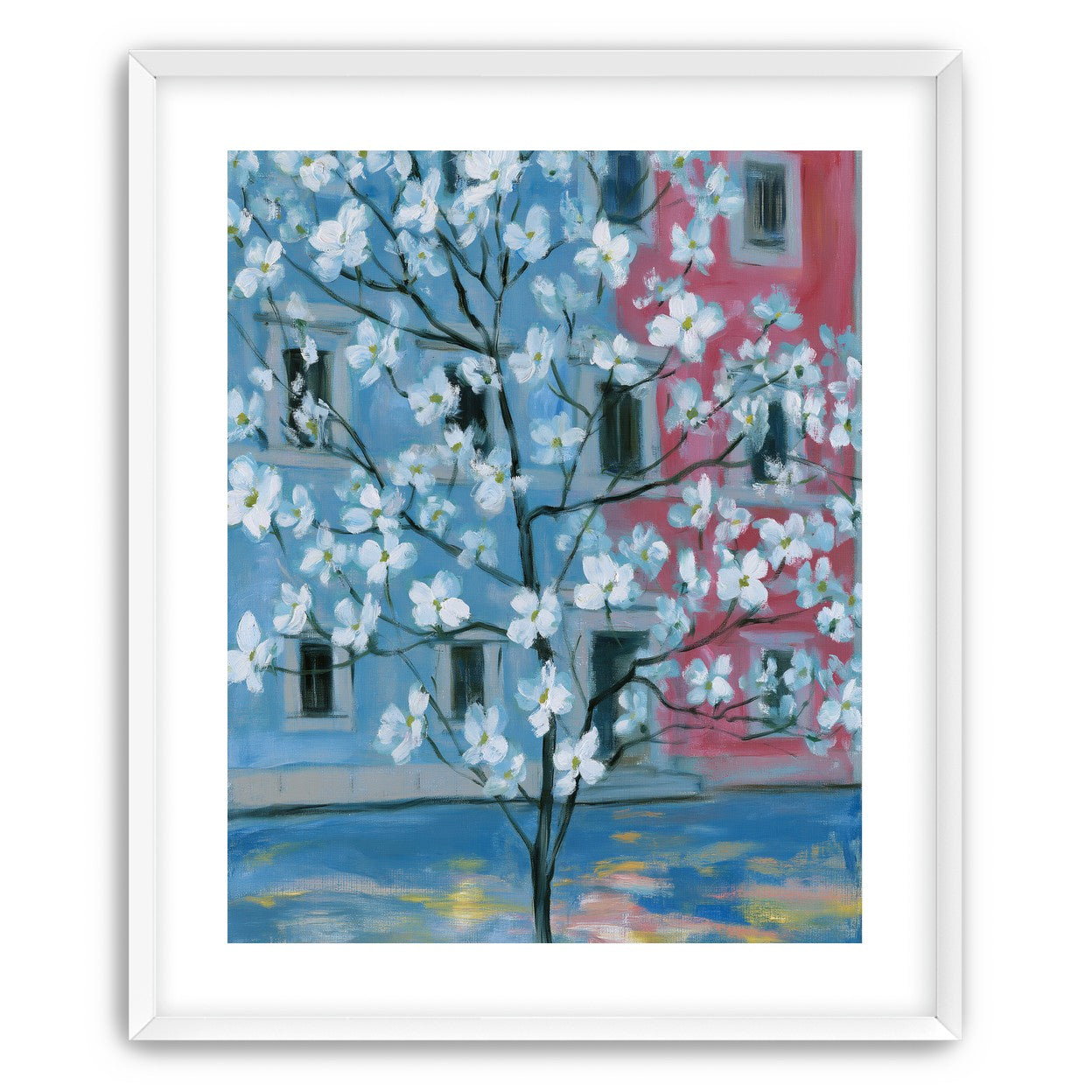 White blossoms across blue and pink