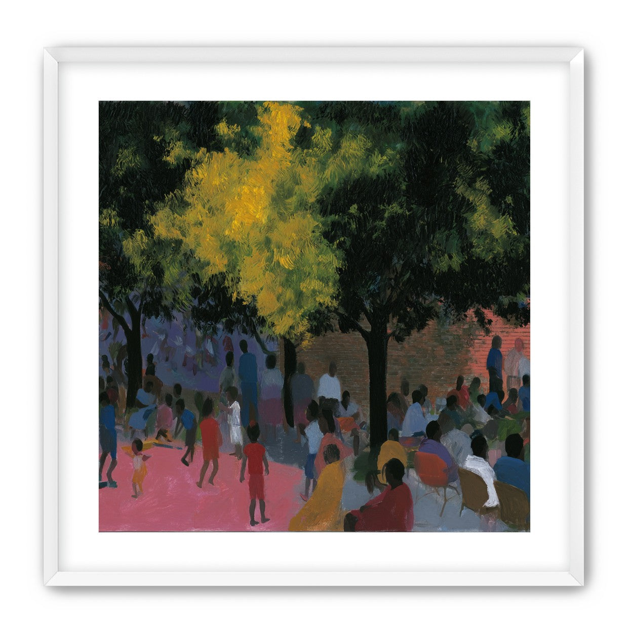 Children playing under trees