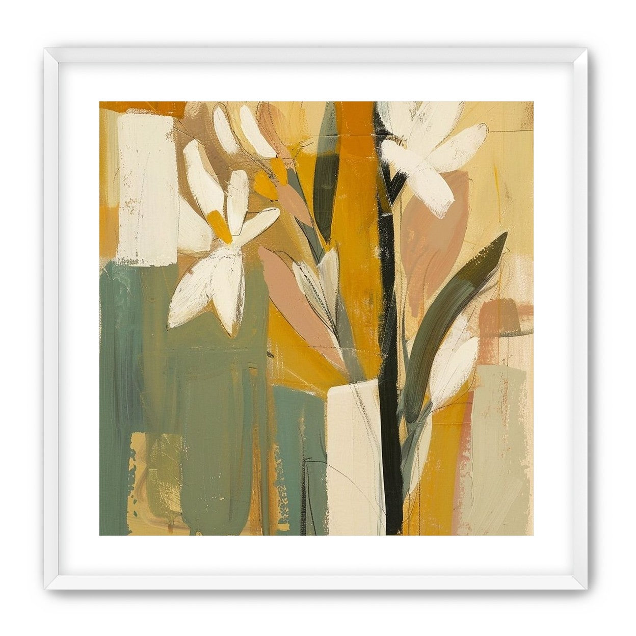 White flowers in ochre blocks