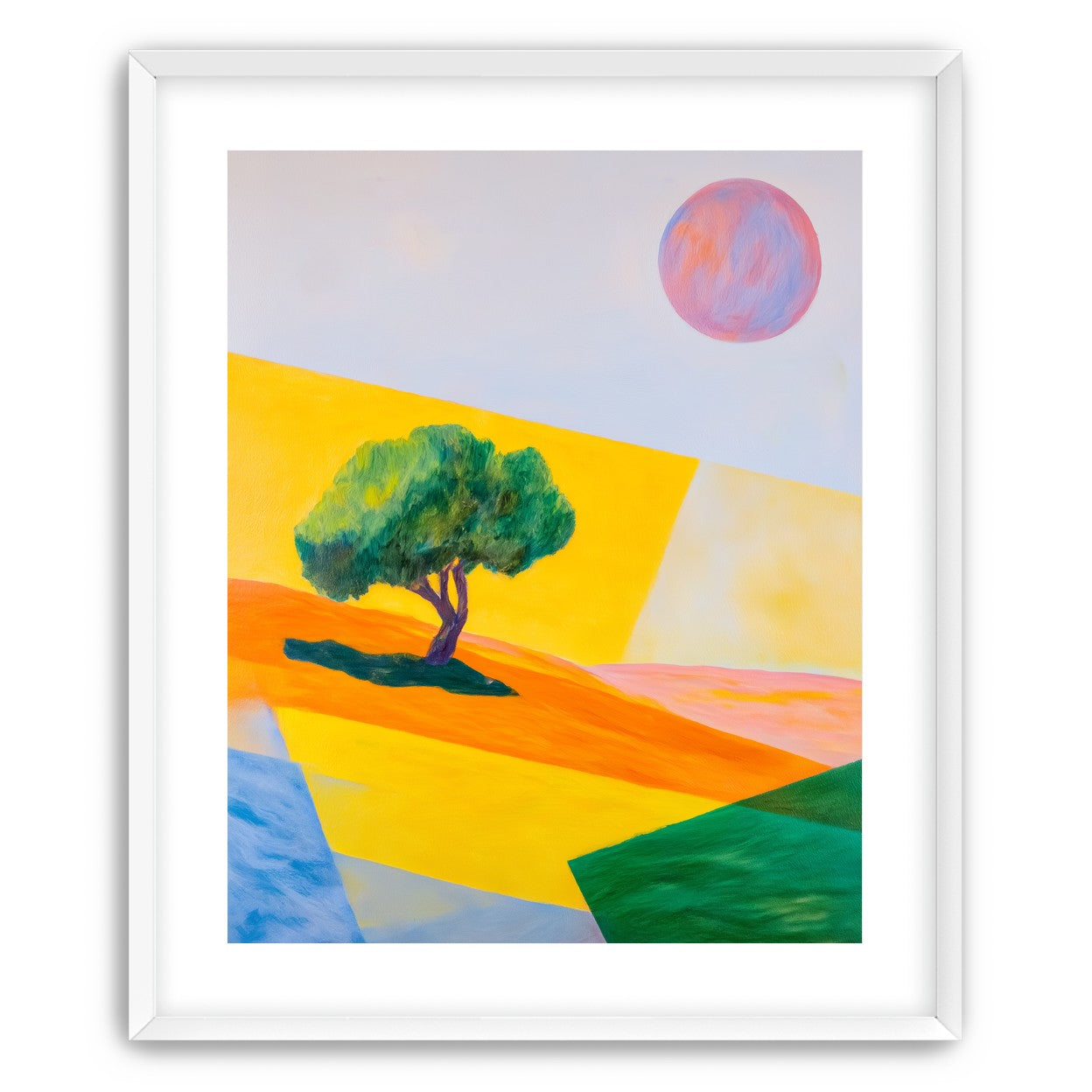 Pink sun over yellow hills
