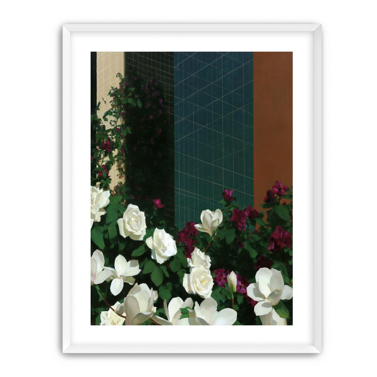 Roses against the blue grid