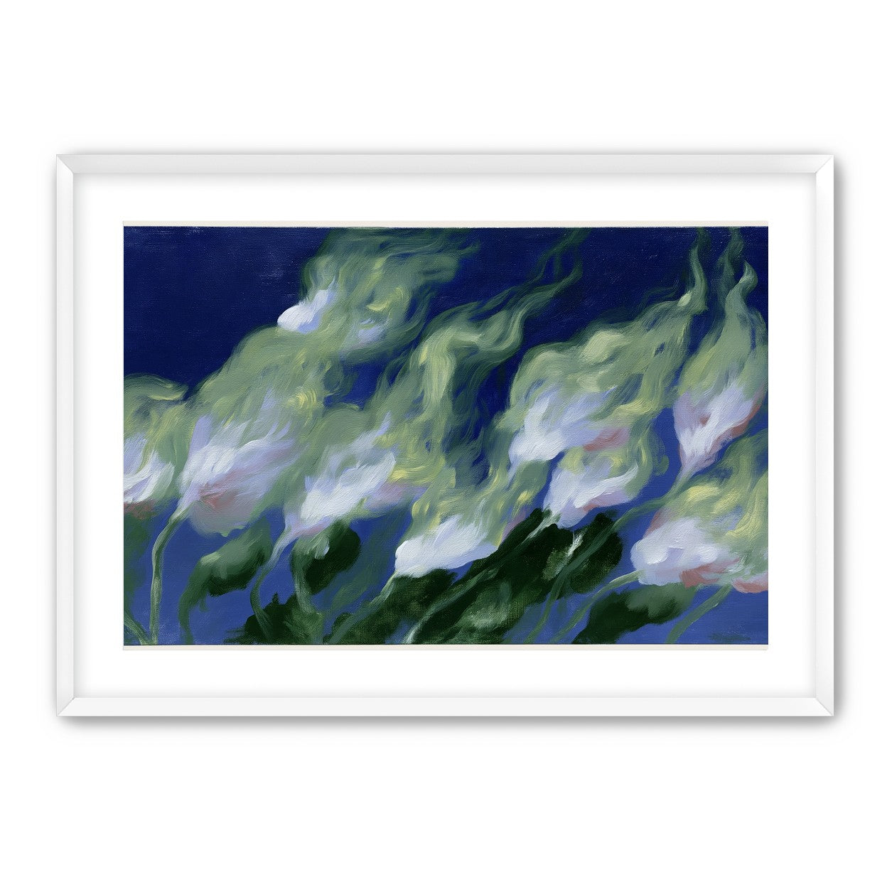 Pale flowers across blue field