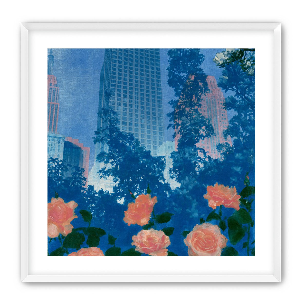 Pink roses below skyscrapers