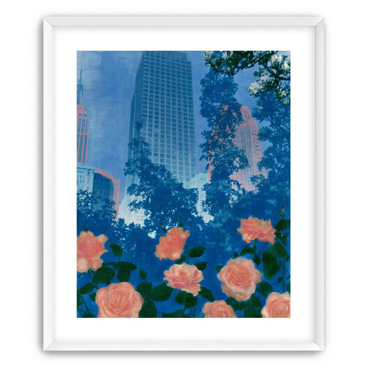 Pink roses below skyscrapers