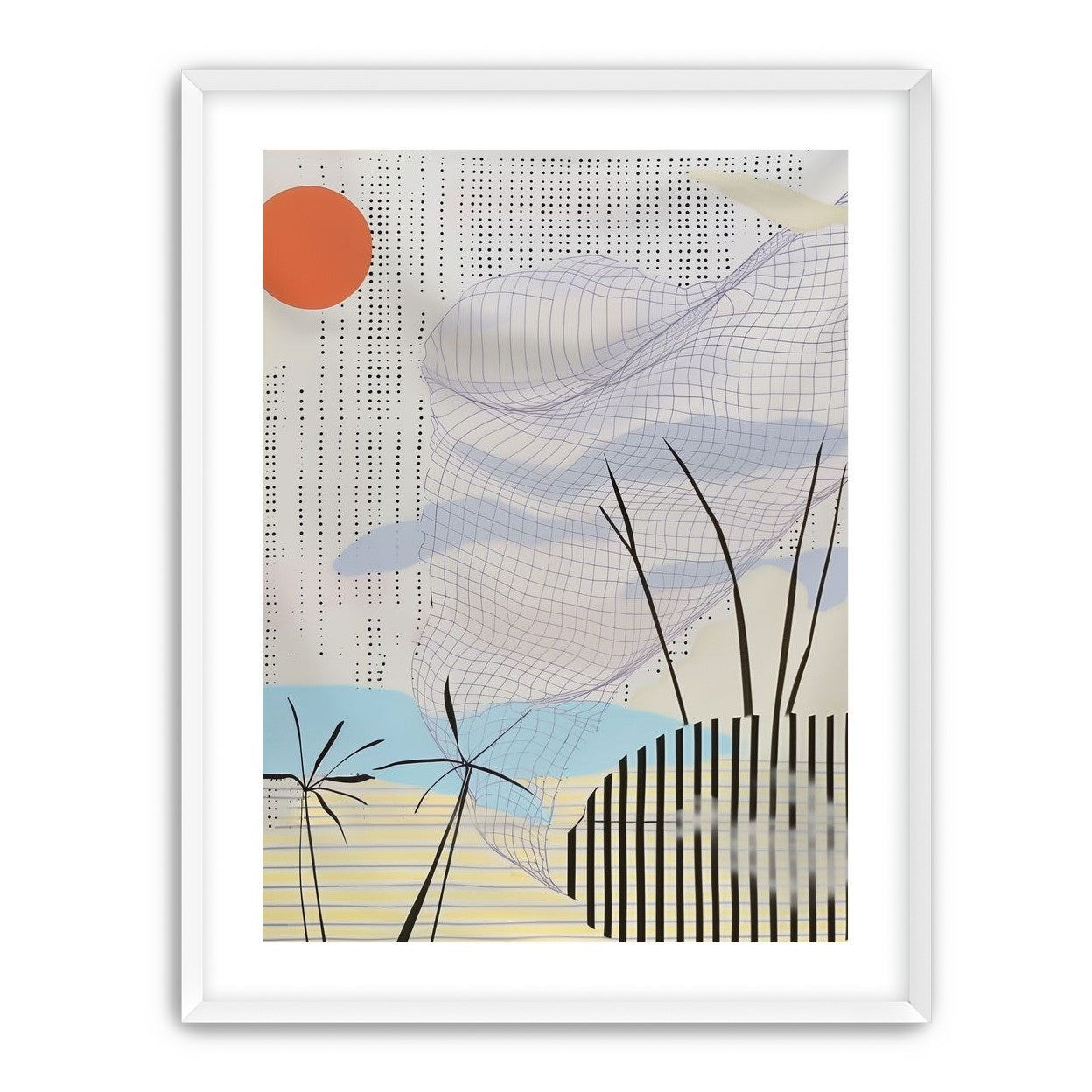 Orange sun over the gridded cloud