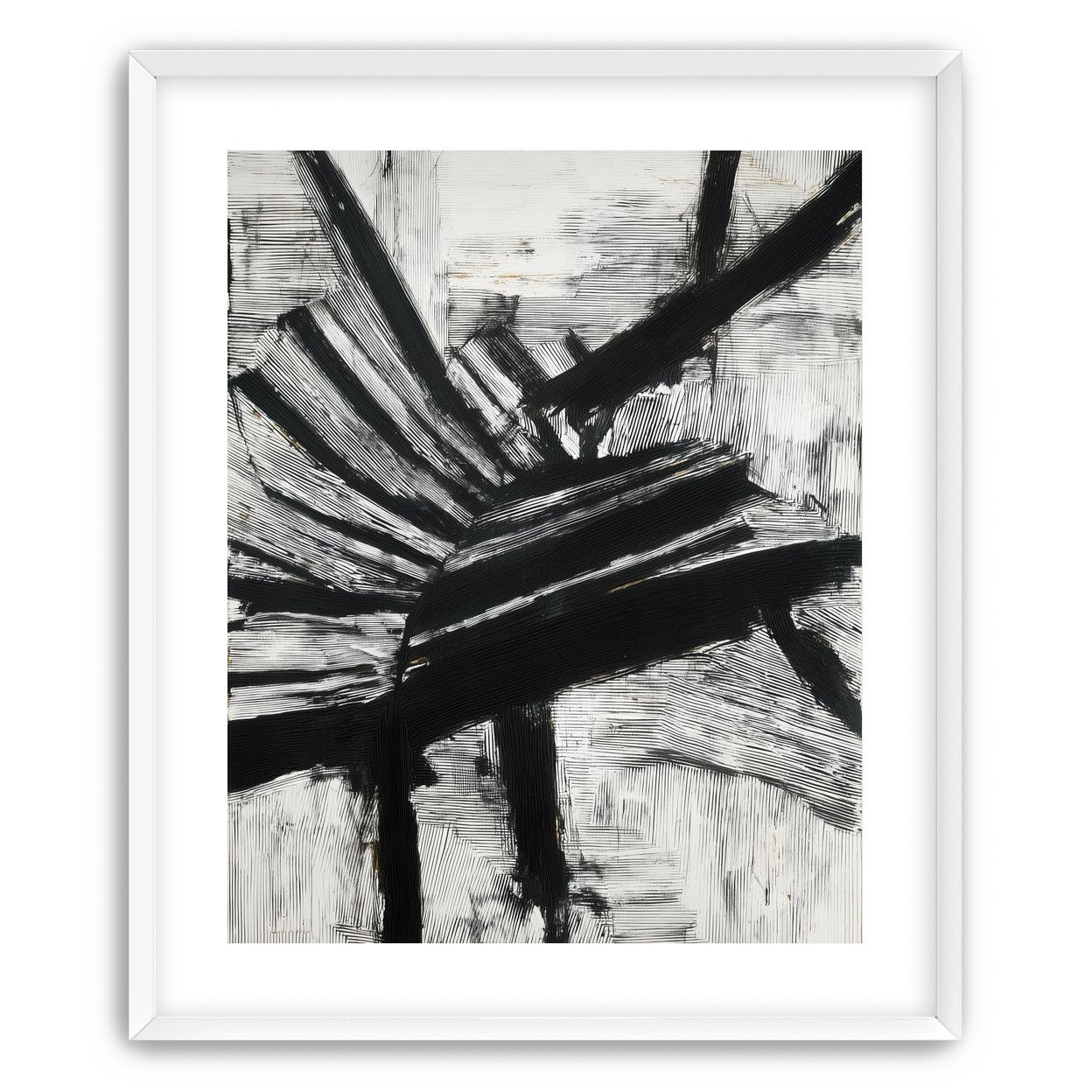 Non-Representational: Thick black brushstrokes cross and stack over a white surface filled with fine scratched lines.