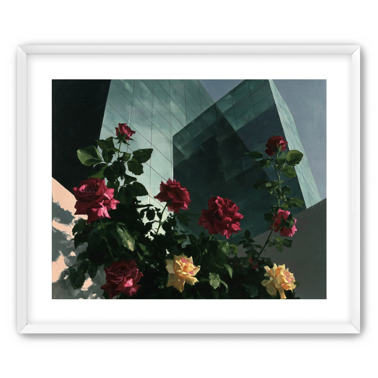 Roses against glass towers