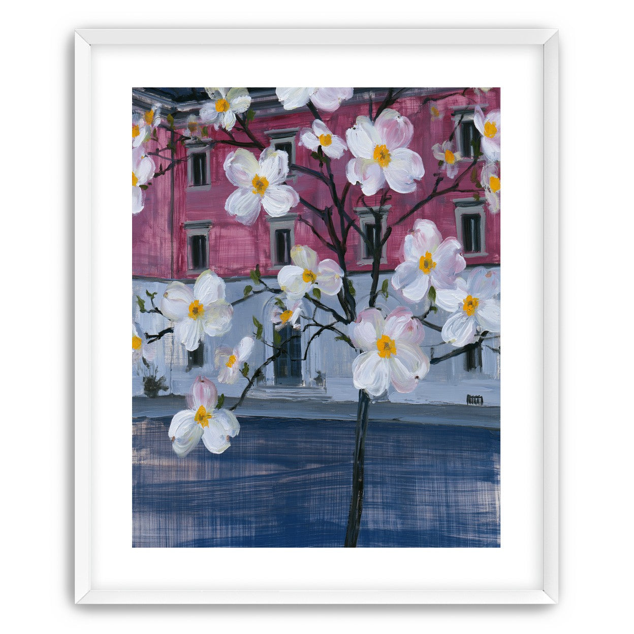 White blossoms over the pink house