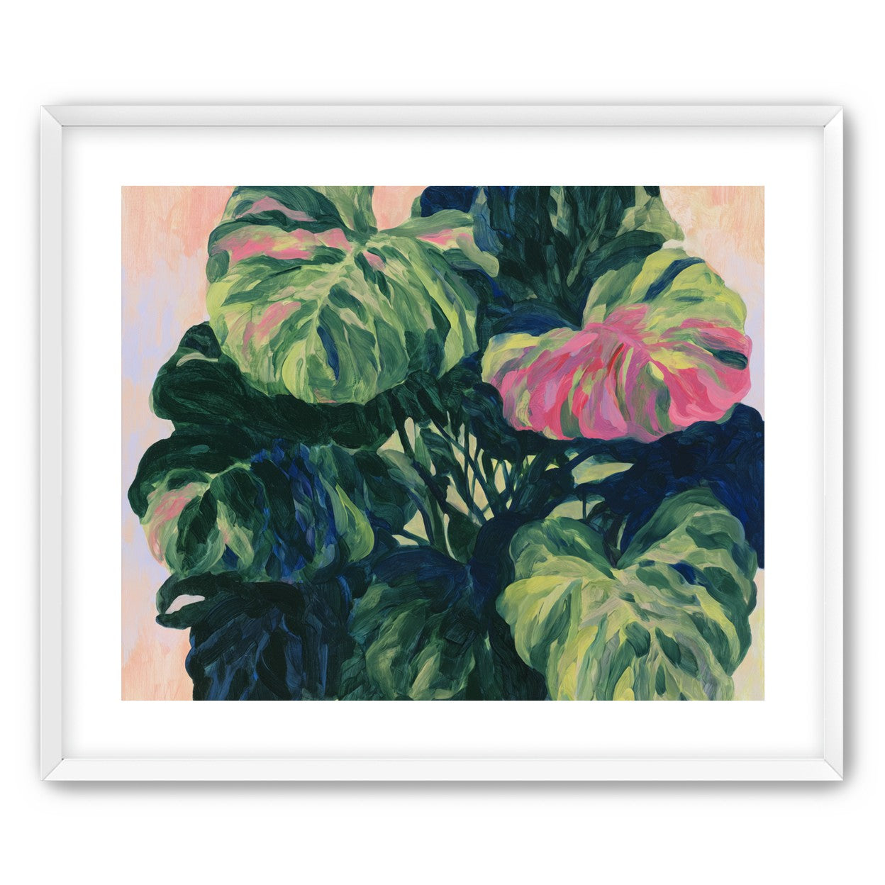 Pink light on green leaves