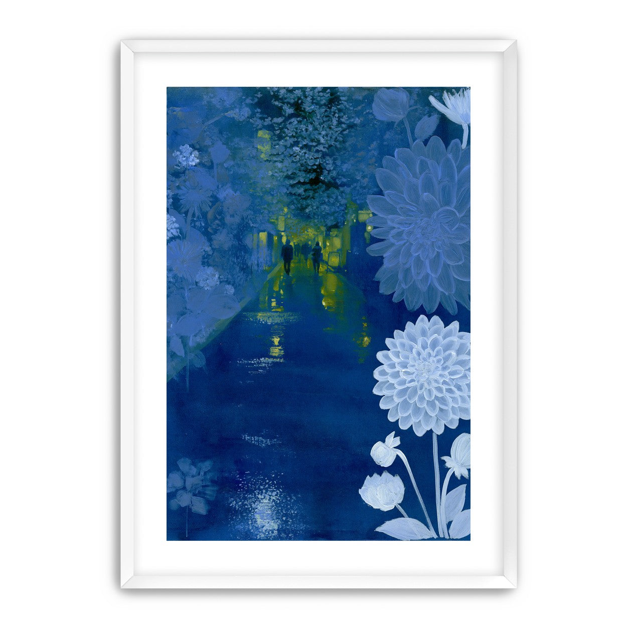 Two walkers under giant flowers