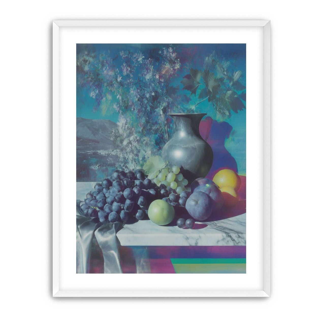 Vase and fruit in blue haze