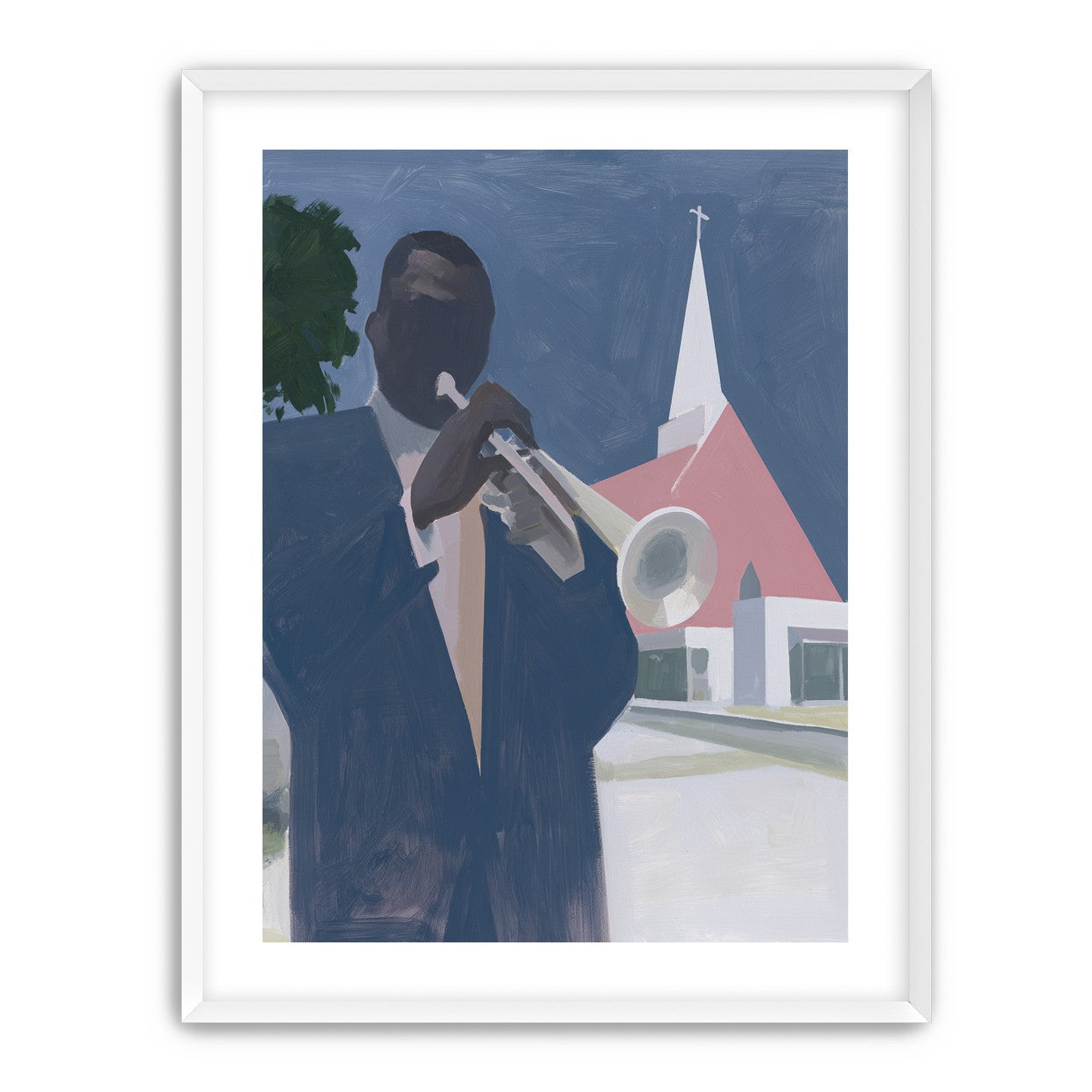 Blue sky over pink church