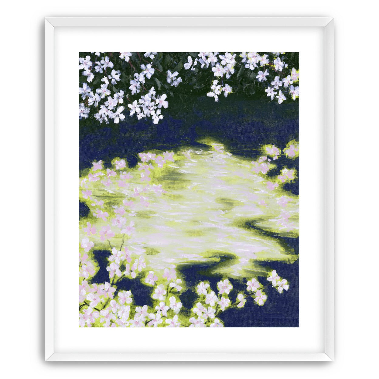 Petals crossing the bright water