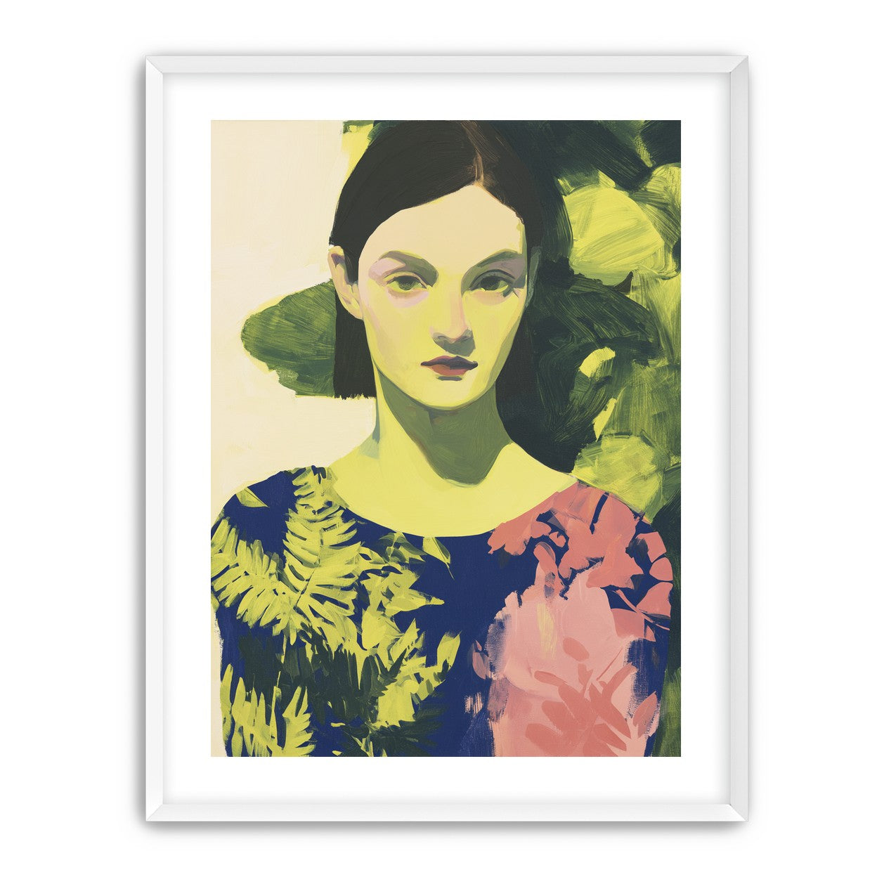 Green leaves behind her portrait