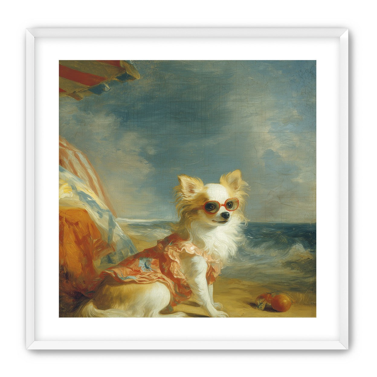Seaside dog in red sunglasses