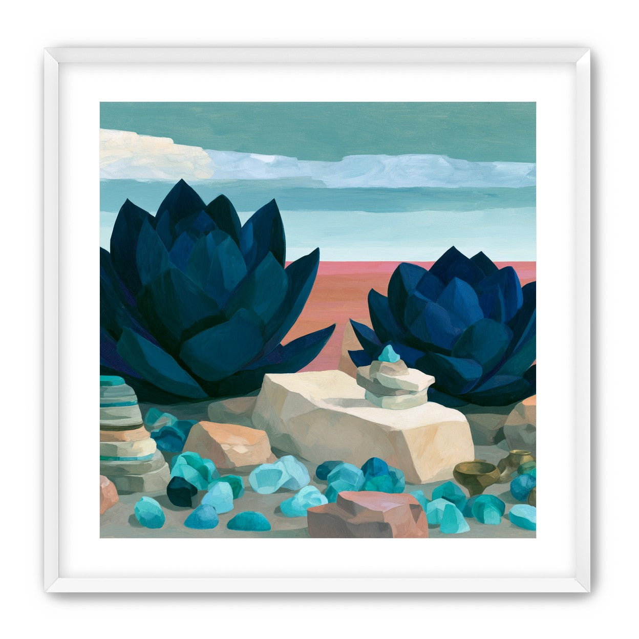 Deep blue blooms on coral ground