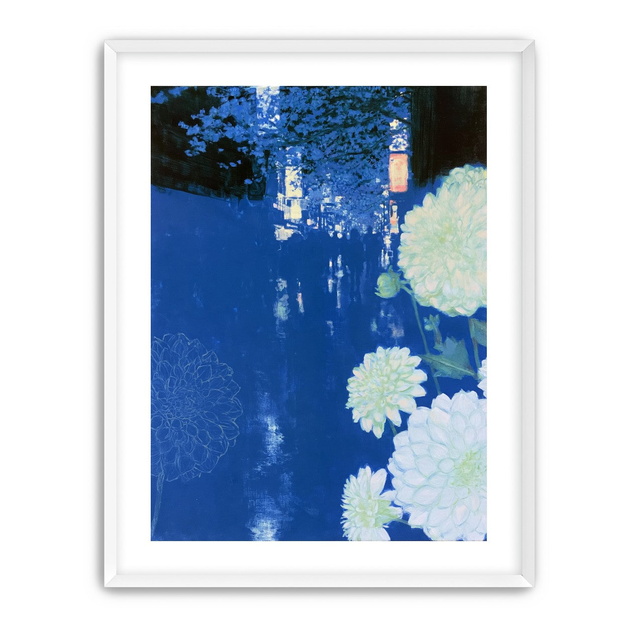 White blooms on blue canal