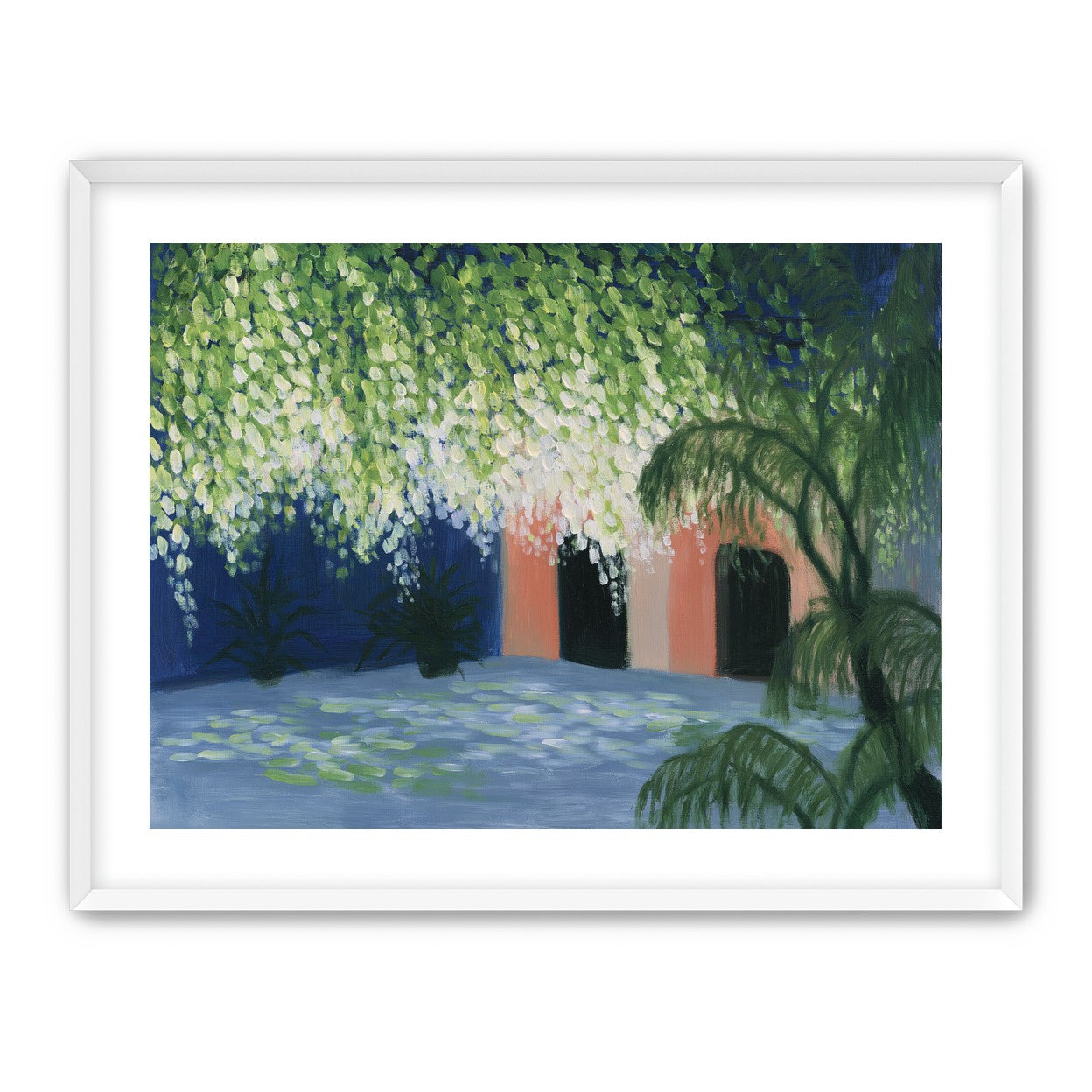 Doorway under falling blossoms
