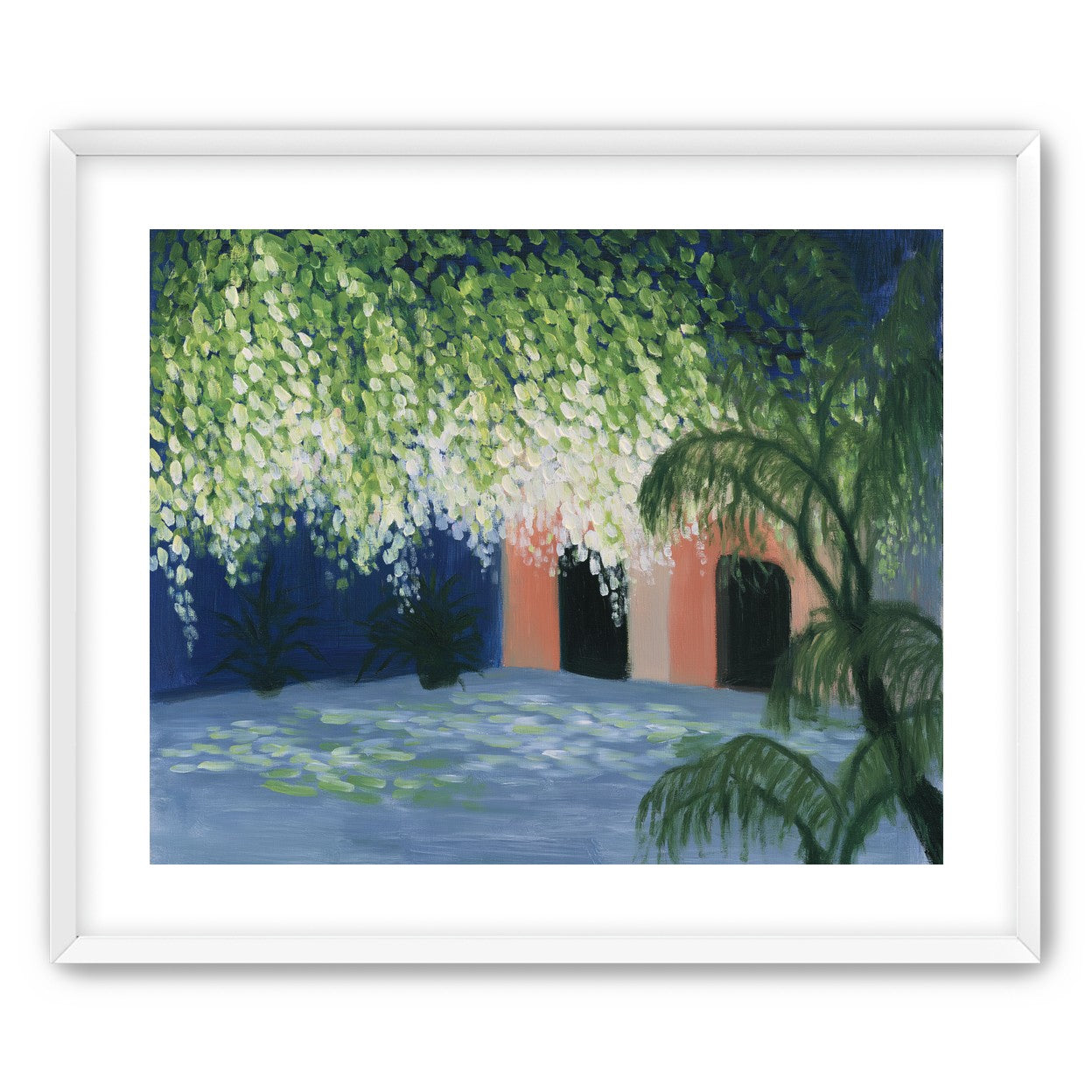 Doorway under falling blossoms