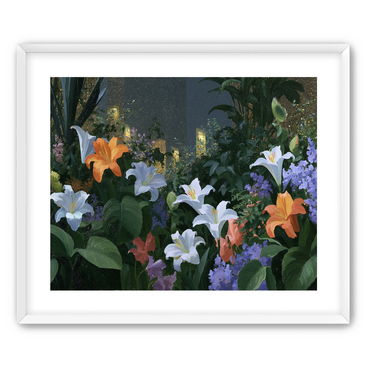 Lit windows beyond the lilies