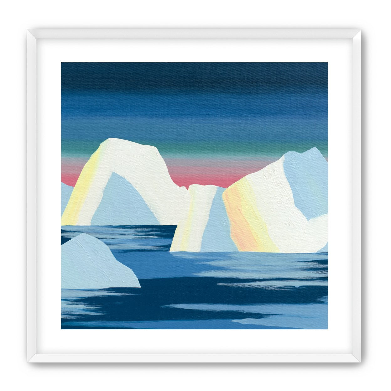 Icebergs under a pink banded sky