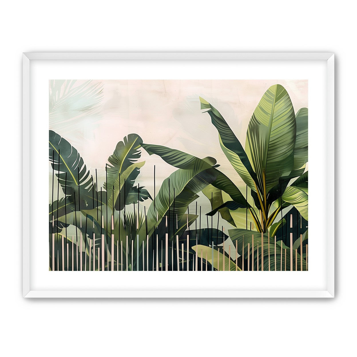 Tropical leaves behind black bars