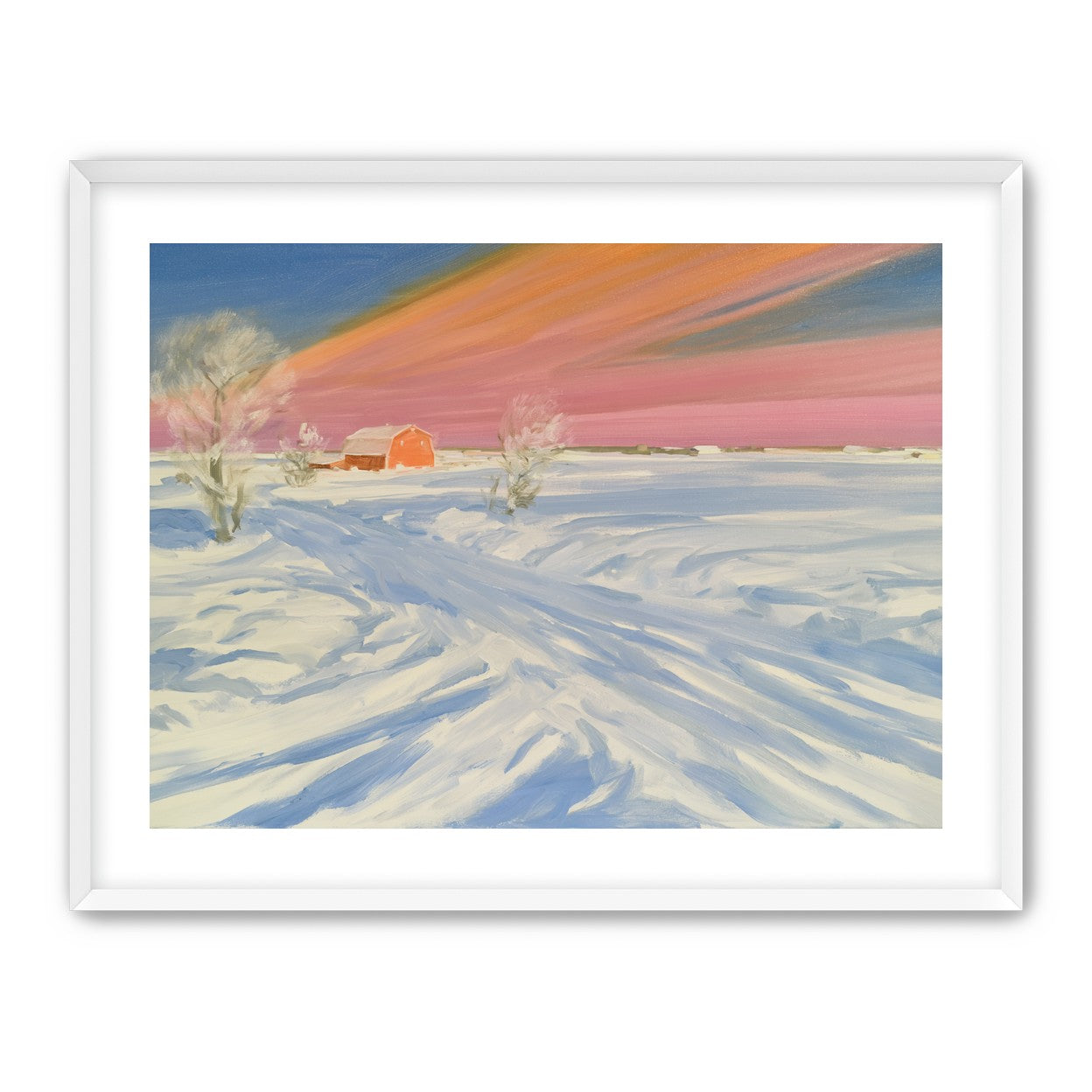 Pink sky over the red barn