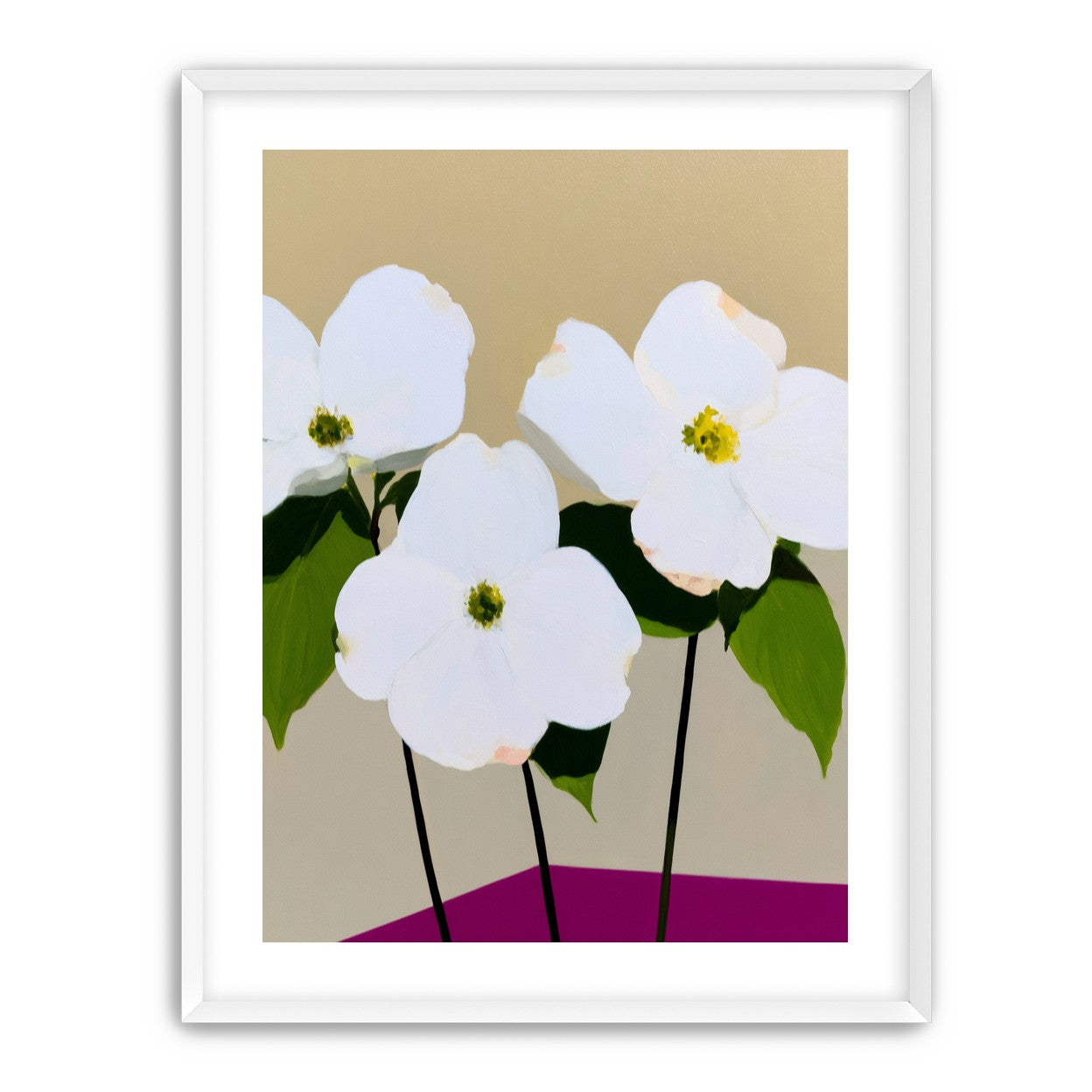 Three white flowers above purple