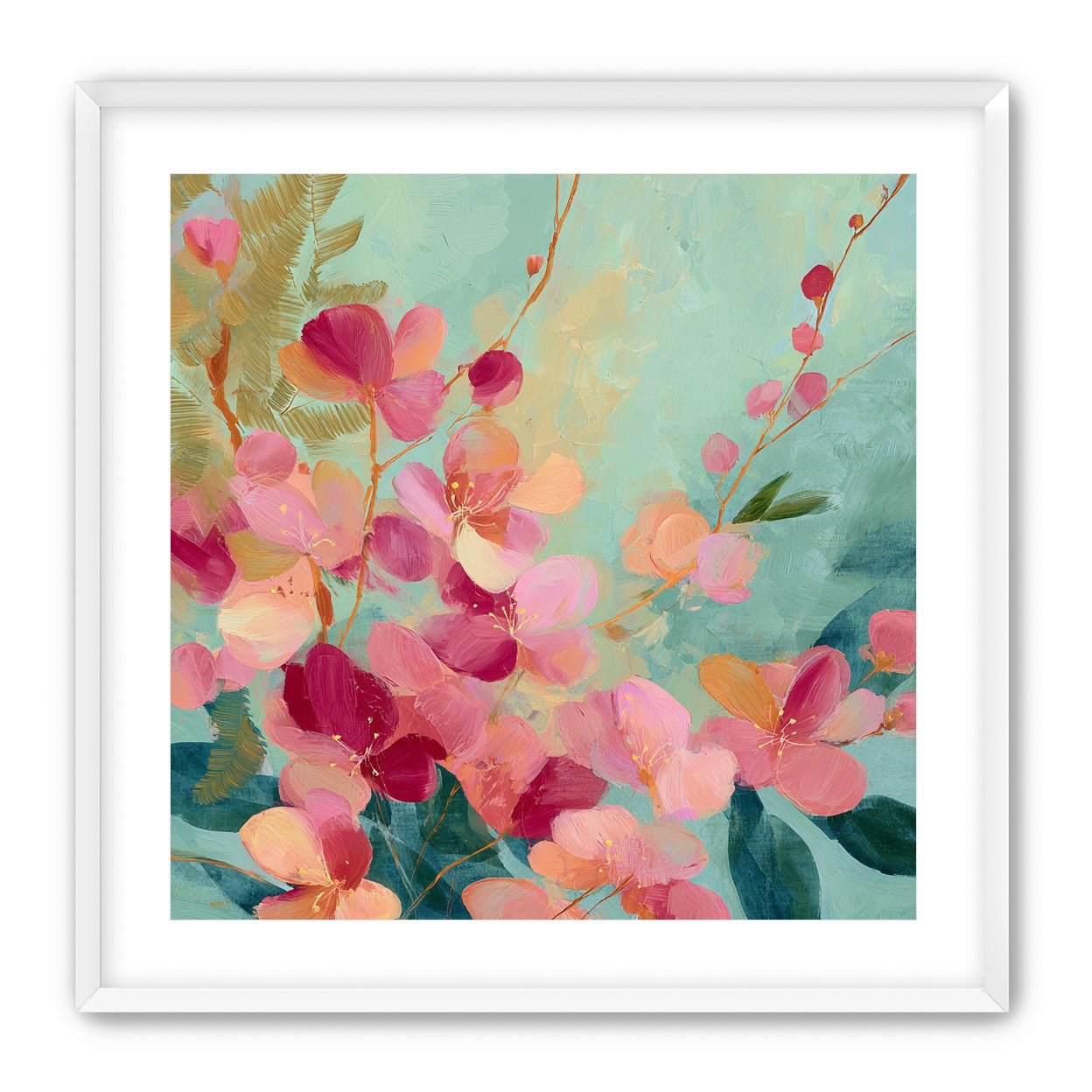 Pink blossoms drifting through teal