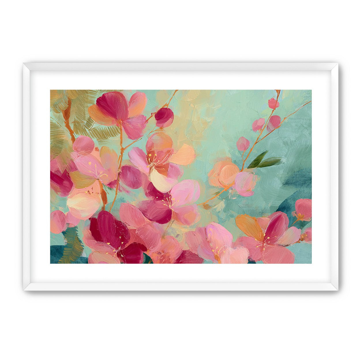 Pink blossoms drifting through teal
