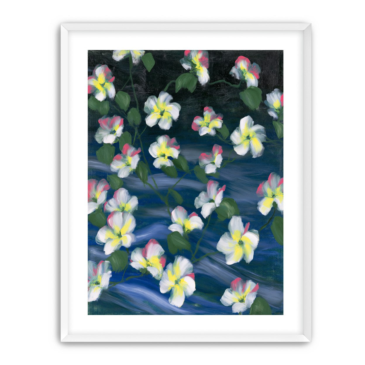 White flowers across deep blue