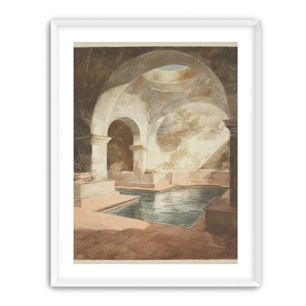 Courtyard pool beneath pale arches