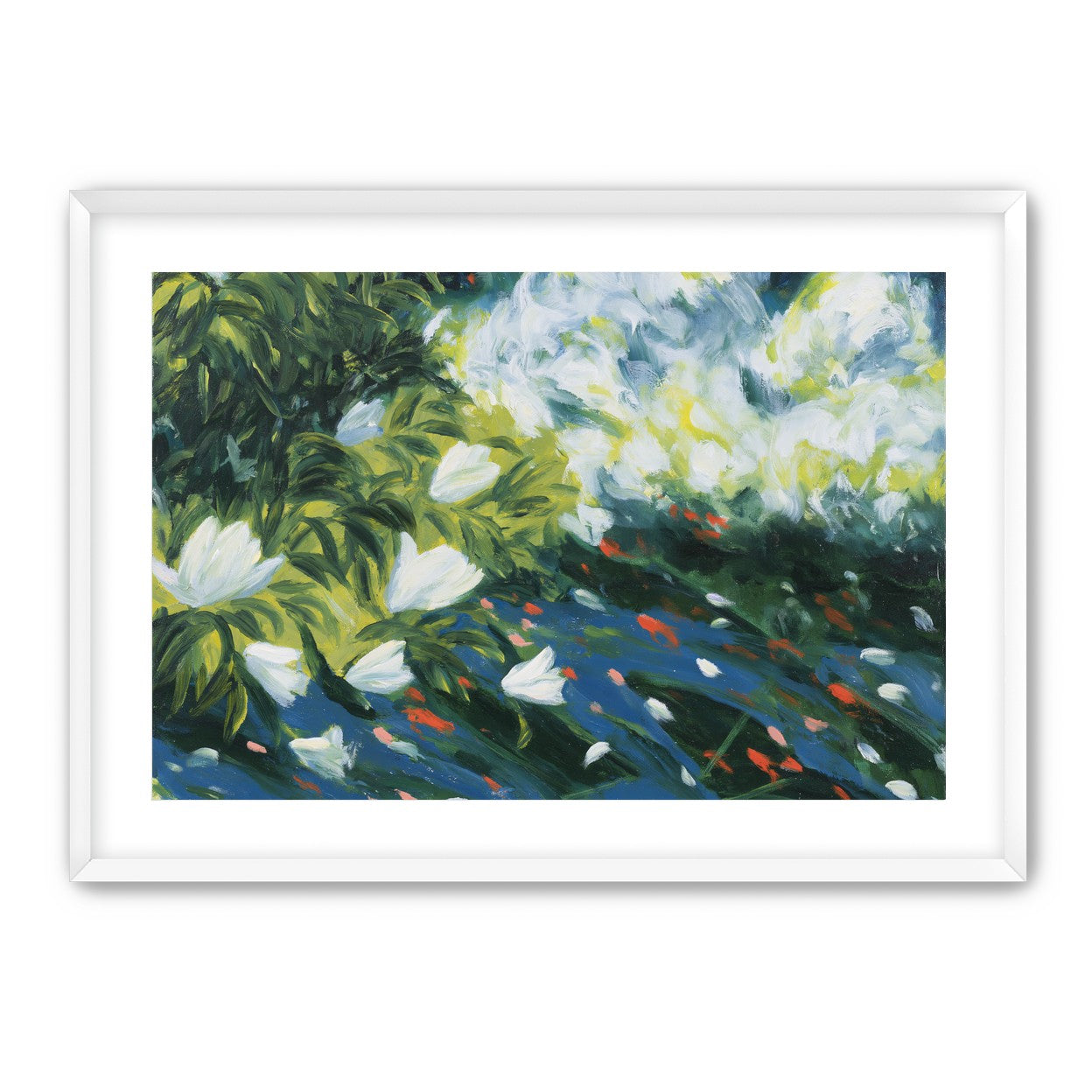 White petals on blue water