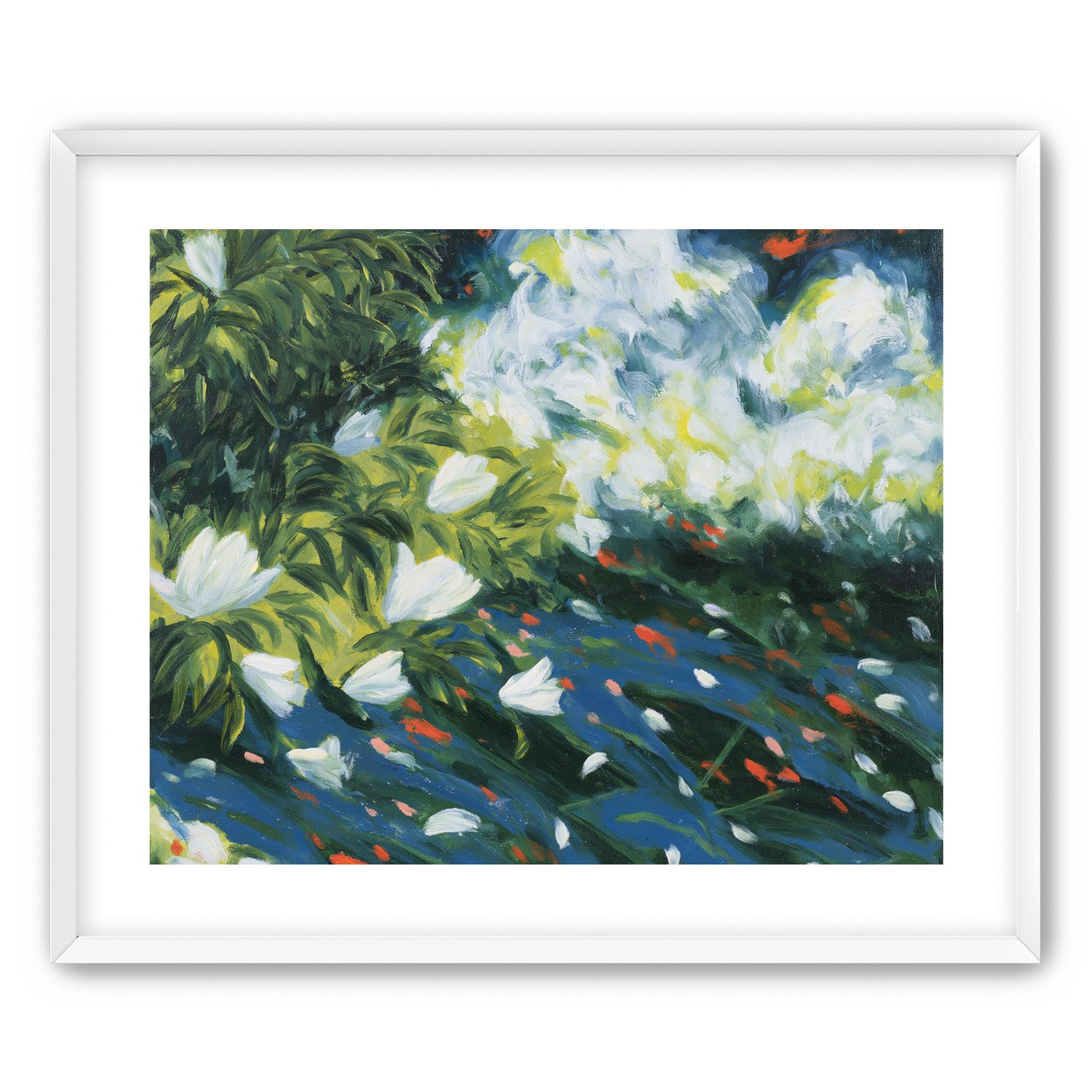 White petals on blue water